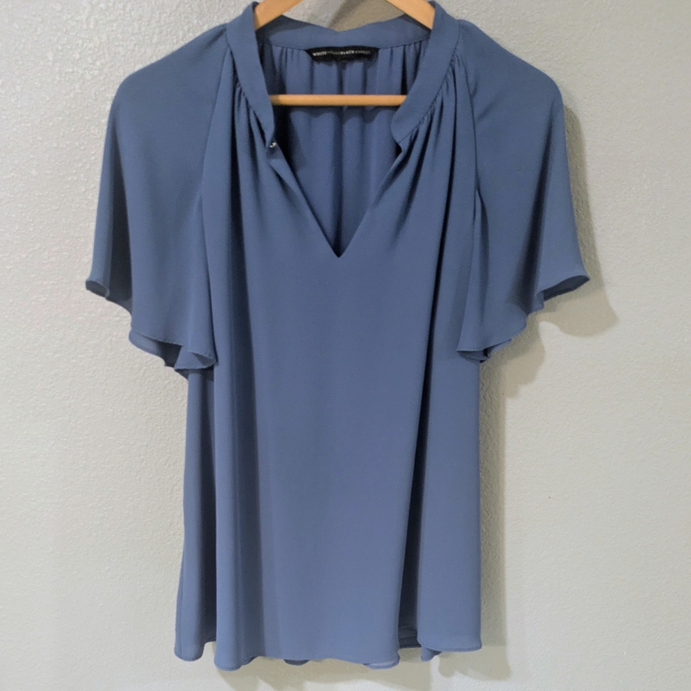 White House Black Market Slate Blue Flutter V-Neck Blouse